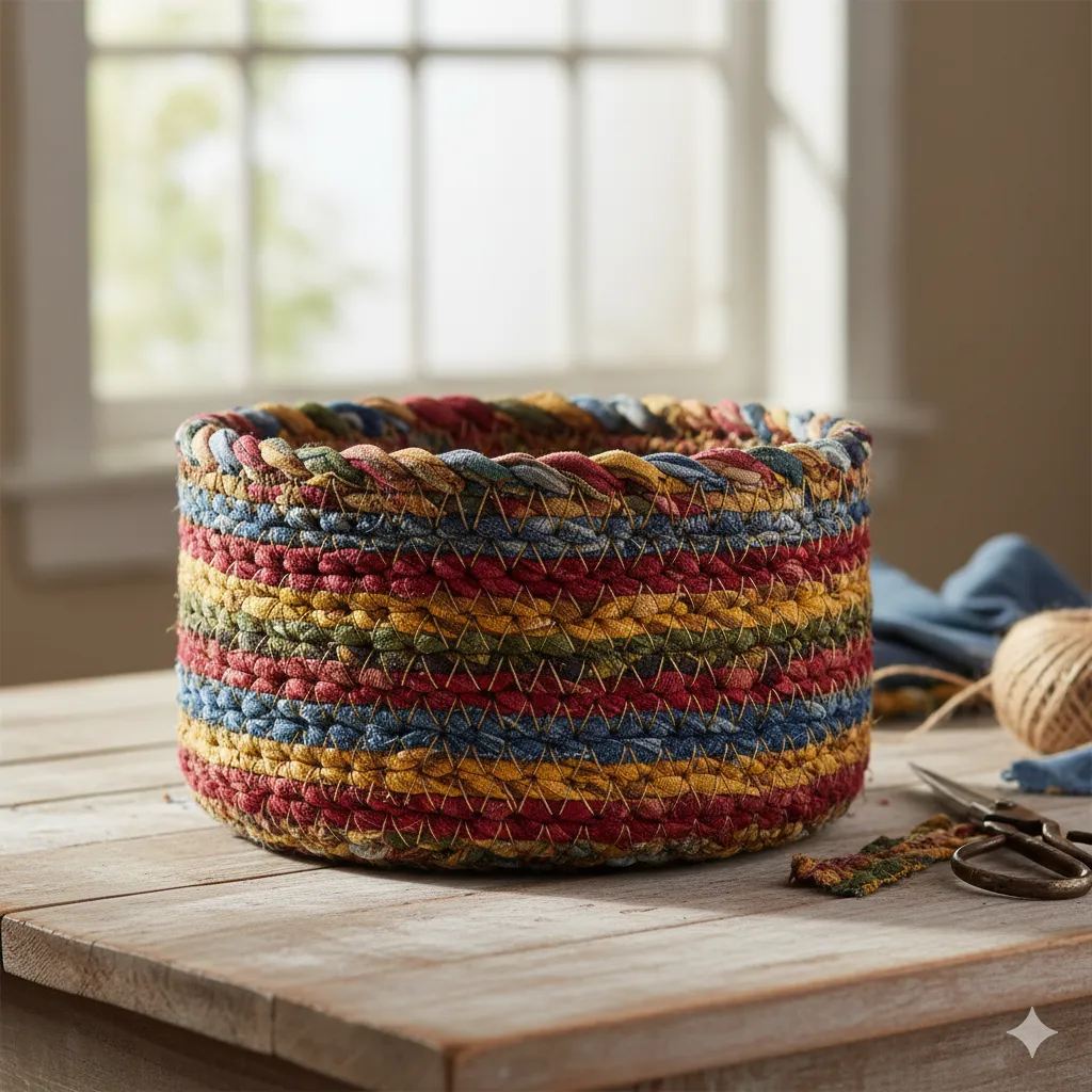 Handvävd korg från återvunna textilier